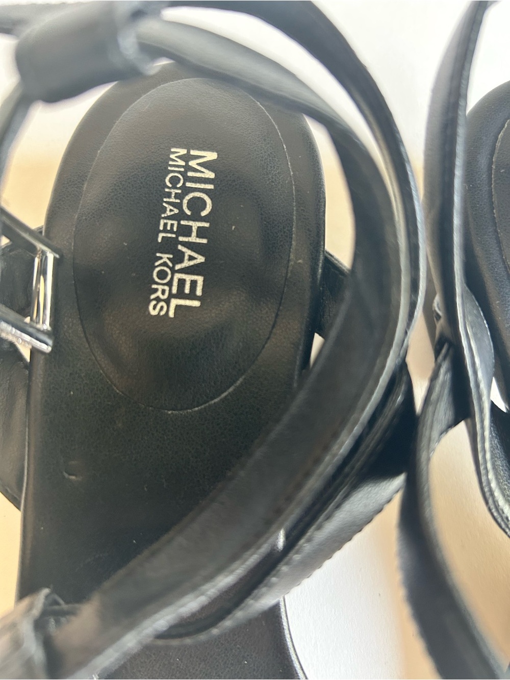Michael Kors Black Leather Ankle Strap Silver Metal Logo Sandals size 7 - Picture 13 of 16